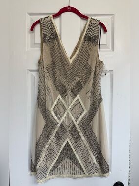 Sherrer by Jean Louis Scherrer Beaded Sleeveless V-Neck Shift Dress L